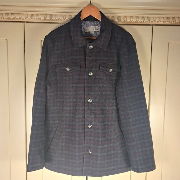 Men's Utex Plaid Button Front Wool Blend Coat Shacket Sz Large - Picture 1 of 9
